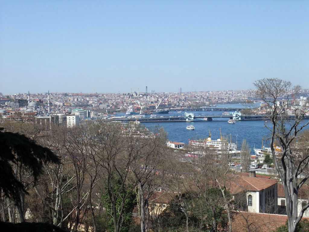 The Galata Bridge and the Atatürk Bridge over the Golden Horn bay, the New Mosque and the Fatih Mosque, viewed from the Upper Terrace of Topkapi Palace