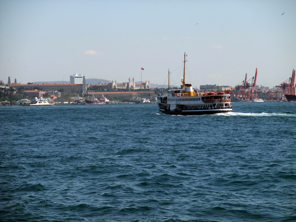 The Kadikoy district with the Selimiye Barracks (Scutari Barracks, Selimiye Kislasi) and the Marmara University Haydarpasa Campus, and the harbour in the Bosphorus strait, viewed from the Bosphorus ferry