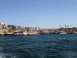 The Uskudar ferry stop, the Mihrimah Sultan Mosque and the Yeni Valide Mosque, viewed from the Bosphorus ferry