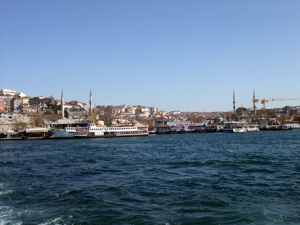 The Uskudar ferry stop, the Mihrimah Sultan Mosque and the Yeni Valide Mosque, viewed from the Bosphorus ferry