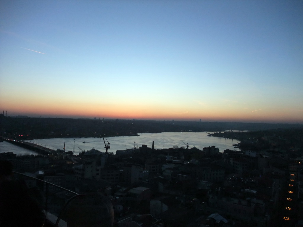 View on the Ataturk Bridge and the Golden Horn, from the top of the Galata Tower, at sunset