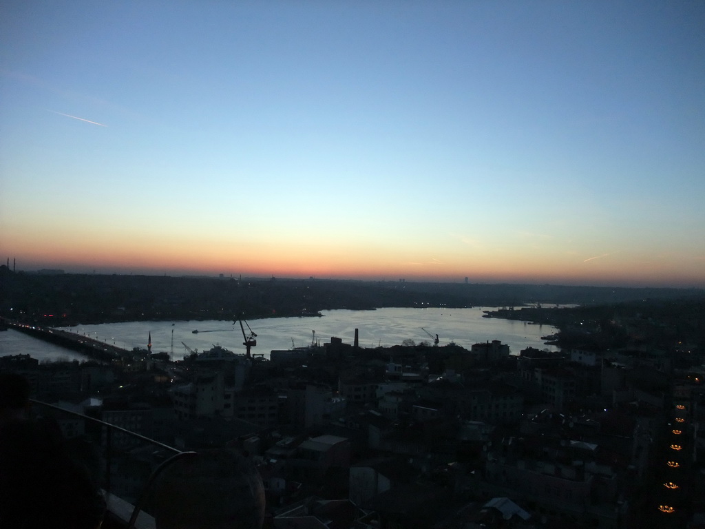 View on the Ataturk Bridge and the Golden Horn, from the top of the Galata Tower, at sunset