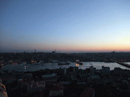 View on the Galata Bridge, the Ataturk Bridge, the Golden Horn, the Bayezid II Mosque, the Beyazit Tower, the Süleymaniye Mosque, the Sehzade Mosque and the Fatih Mosque, from the top of the Galata Tower, at sunset