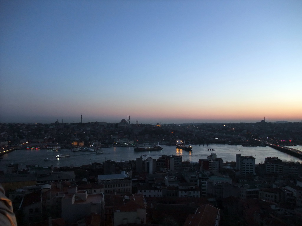 View on the Galata Bridge, the Ataturk Bridge, the Golden Horn, the Bayezid II Mosque, the Beyazit Tower, the Süleymaniye Mosque, the Sehzade Mosque and the Fatih Mosque, from the top of the Galata Tower, at sunset