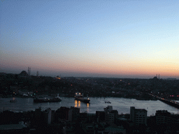 View on the Ataturk Bridge, the Golden Horn, the Süleymaniye Mosque, the Sehzade Mosque and the Fatih Mosque, from the top of the Galata Tower, at sunset