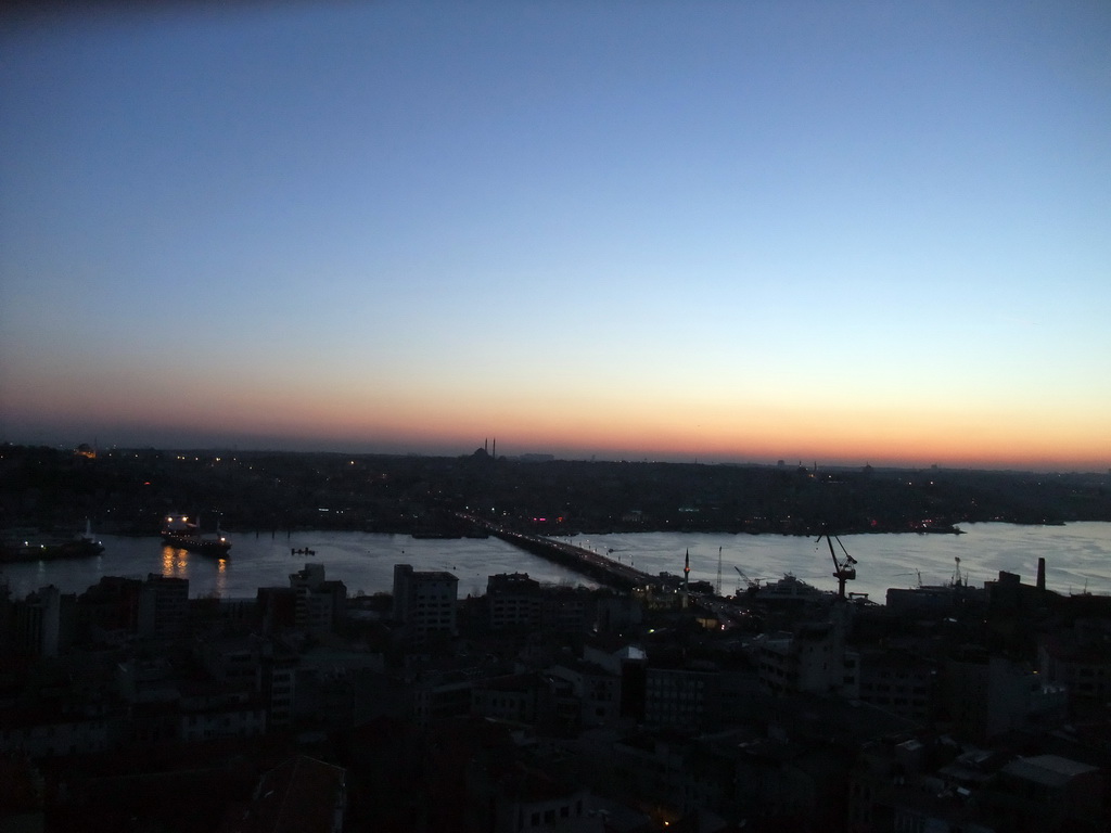 View on the Ataturk Bridge and the Golden Horn, from the top of the Galata Tower, at sunset