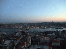 View on the Galata Bridge, the Golden Horn, the Blue Mosque, the New Mosque, the Nuruosmaniye Mosque, the Bayezid II Mosque, the Beyazit Tower, the Süleymaniye Mosque and the Sehzade Mosque, from the top of the Galata Tower, at sunset