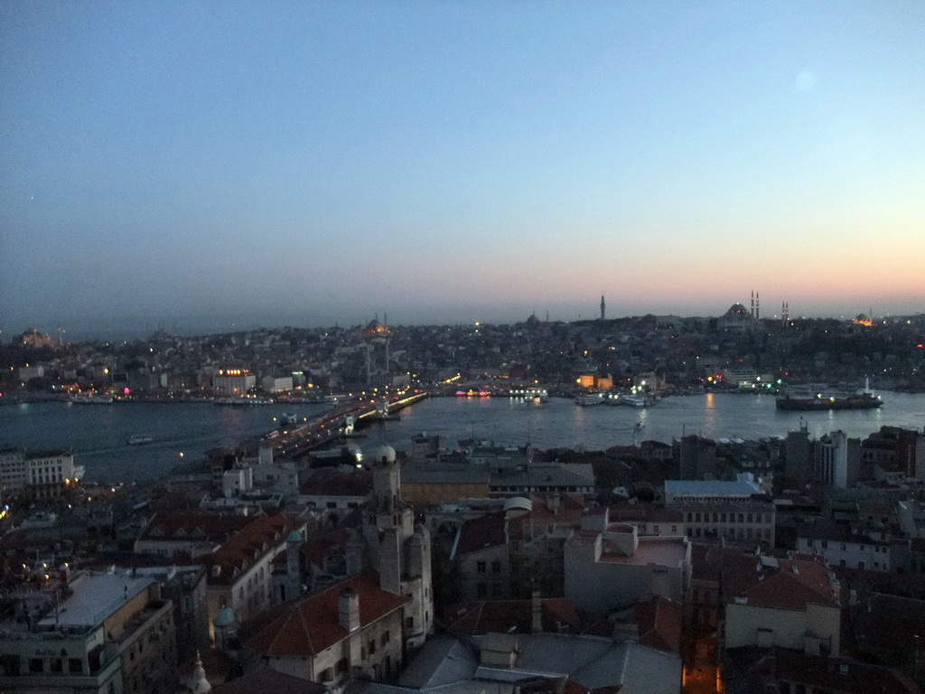 View on the Galata Bridge, the Golden Horn, the Blue Mosque, the New Mosque, the Nuruosmaniye Mosque, the Bayezid II Mosque, the Beyazit Tower, the Süleymaniye Mosque and the Sehzade Mosque, from the top of the Galata Tower, at sunset