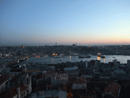 View on the Galata Bridge, the Golden Horn, the New Mosque, the Nuruosmaniye Mosque, the Bayezid II Mosque, the Beyazit Tower, the Süleymaniye Mosque and the Sehzade Mosque, from the top of the Galata Tower, at sunset