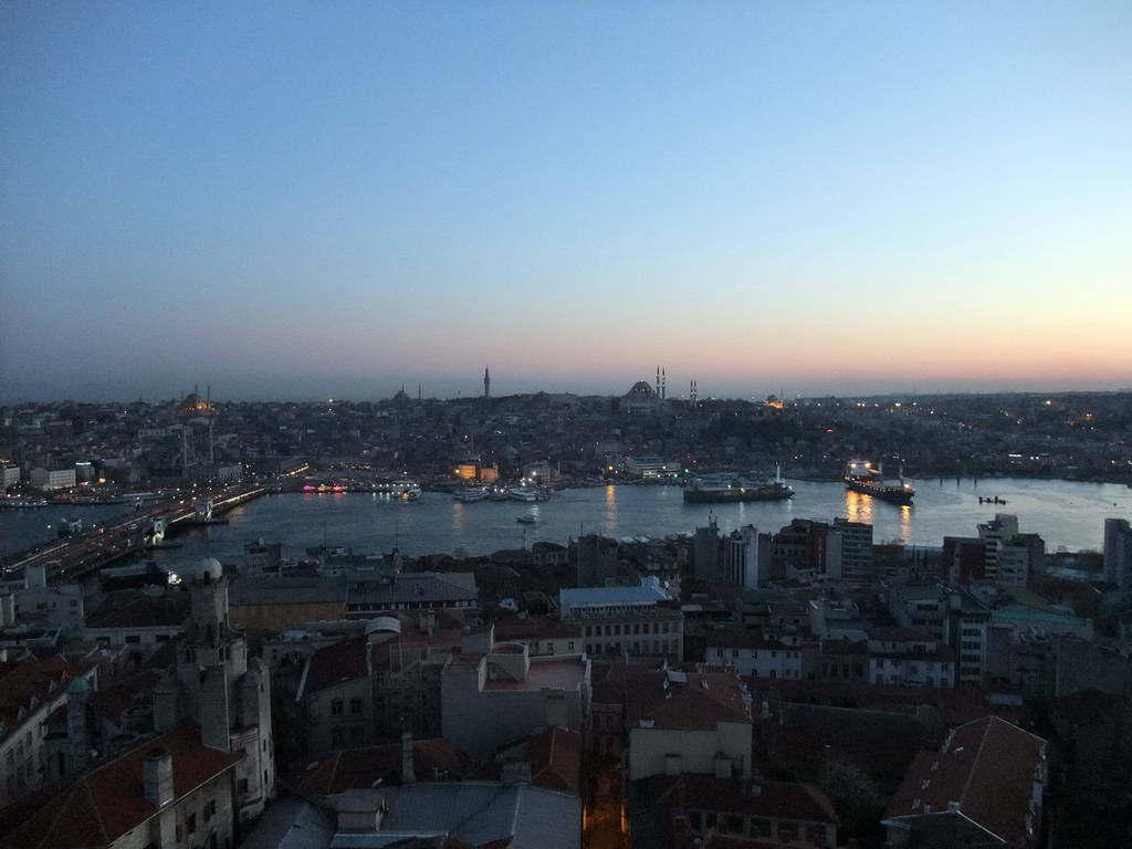 View on the Galata Bridge, the Golden Horn, the New Mosque, the Nuruosmaniye Mosque, the Bayezid II Mosque, the Beyazit Tower, the Süleymaniye Mosque and the Sehzade Mosque, from the top of the Galata Tower, at sunset