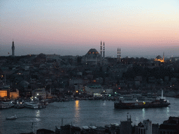 View on the Golden Horn, the Beyazit Tower, the Istanbul University, the Süleymaniye Mosque and the Sehzade Mosque, from the top of the Galata Tower, at sunset