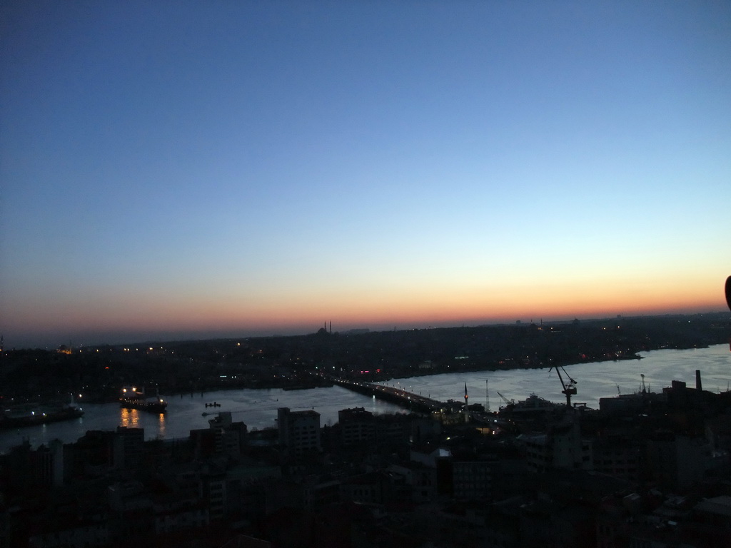 View on the Ataturk Bridge and the Golden Horn, from the top of the Galata Tower, at sunset