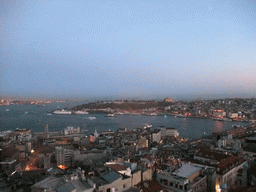 View on the Galata Bridge, the Golden Horn, the Bosporus strait, the Topkapi Palace, the Hagia Sophia and the Blue Mosque, from the top of the Galata Tower, by night