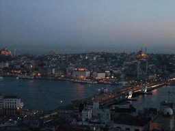 View on the Galata Bridge, the Golden Horn, the Hagia Sophia, the Blue Mosque, the New Mosque and the Nuruosmaniye Mosque, from the top of the Galata Tower, by night