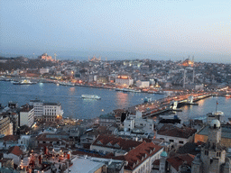 View on the Galata Bridge, the Golden Horn, the Topkapi Palace, the Hagia Sophia, the Blue Mosque, the New Mosque and the Nuruosmaniye Mosque, from the top of the Galata Tower, by night