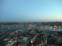 View on the Galata Bridge, the Golden Horn, the Topkapi Palace, the Hagia Sophia, the Blue Mosque, the New Mosque, the Nuruosmaniye Mosque, the Bayezid II Mosque and the Beyazit Tower, from the top of the Galata Tower, by night