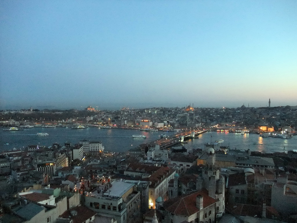 View on the Galata Bridge, the Golden Horn, the Topkapi Palace, the Hagia Sophia, the Blue Mosque, the New Mosque, the Nuruosmaniye Mosque, the Bayezid II Mosque and the Beyazit Tower, from the top of the Galata Tower, by night