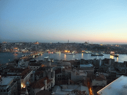 View on the Galata Bridge, the Golden Horn, the Blue Mosque, the New Mosque, the Nuruosmaniye Mosque, the Bayezid II Mosque, the Beyazit Tower, the Süleymaniye Mosque and the Sehzade Mosque, from the top of the Galata Tower, by night