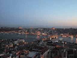 View on the Galata Bridge, the Golden Horn, the Topkapi Palace, the Hagia Sophia, the Blue Mosque, the New Mosque, the Nuruosmaniye Mosque and the Bayezid II Mosque, from the top of the Galata Tower, by night