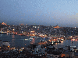 View on the Galata Bridge, the Golden Horn, the Hagia Sophia, the Blue Mosque, the New Mosque and the Nuruosmaniye Mosque, from the top of the Galata Tower, by night