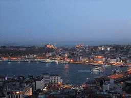 View on the Galata Bridge, the Golden Horn, the Topkapi Palace, the Hagia Sophia and the Blue Mosque, from the top of the Galata Tower, by night