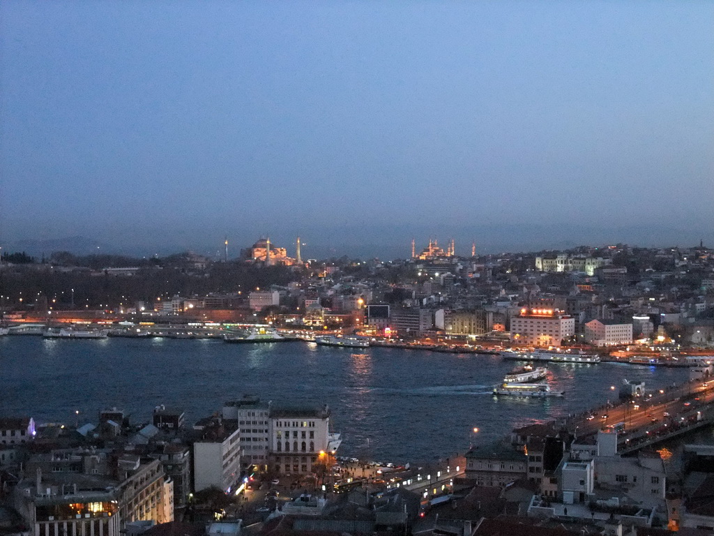 View on the Galata Bridge, the Golden Horn, the Topkapi Palace, the Hagia Sophia and the Blue Mosque, from the top of the Galata Tower, by night