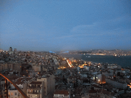 View on the Beyoglu district and the Bosphorus Bridge over the Bosphorus straight, from the top of the Galata Tower, by night