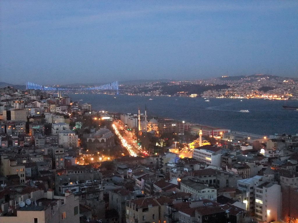 View on the Kilic Ali Pasha Complex, the Nusretiye Mosque, the Molla Celebi Mosque and the Bosphorus Bridge over the Bosphorus straight, from the top of the Galata Tower, by night