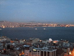 View on the Bosphorus straight and the Kadikoy district, from the top of the Galata Tower, by night