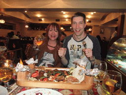 Tim and Miaomiao with the mixed meat dish at the Vuslat Ocakbasi restaurant