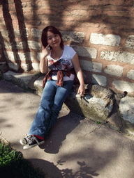 Miaomiao with cat at the side of the Church of St. Savior in Chora