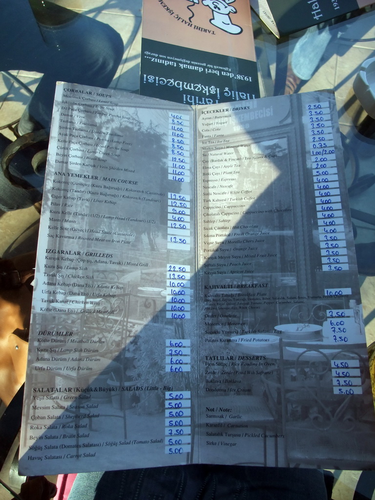 Menu of the Tarihi Halic Iskembeici restaurant near the Fener ferry stop in the Golden Horn bay