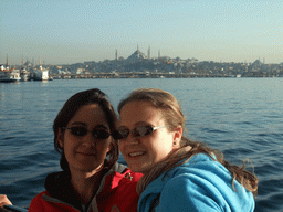 Ana and Nardy on the Golden Horn ferry, with the Ataturk Bridge, the Süleymaniye Mosque and the Fatih Mosque