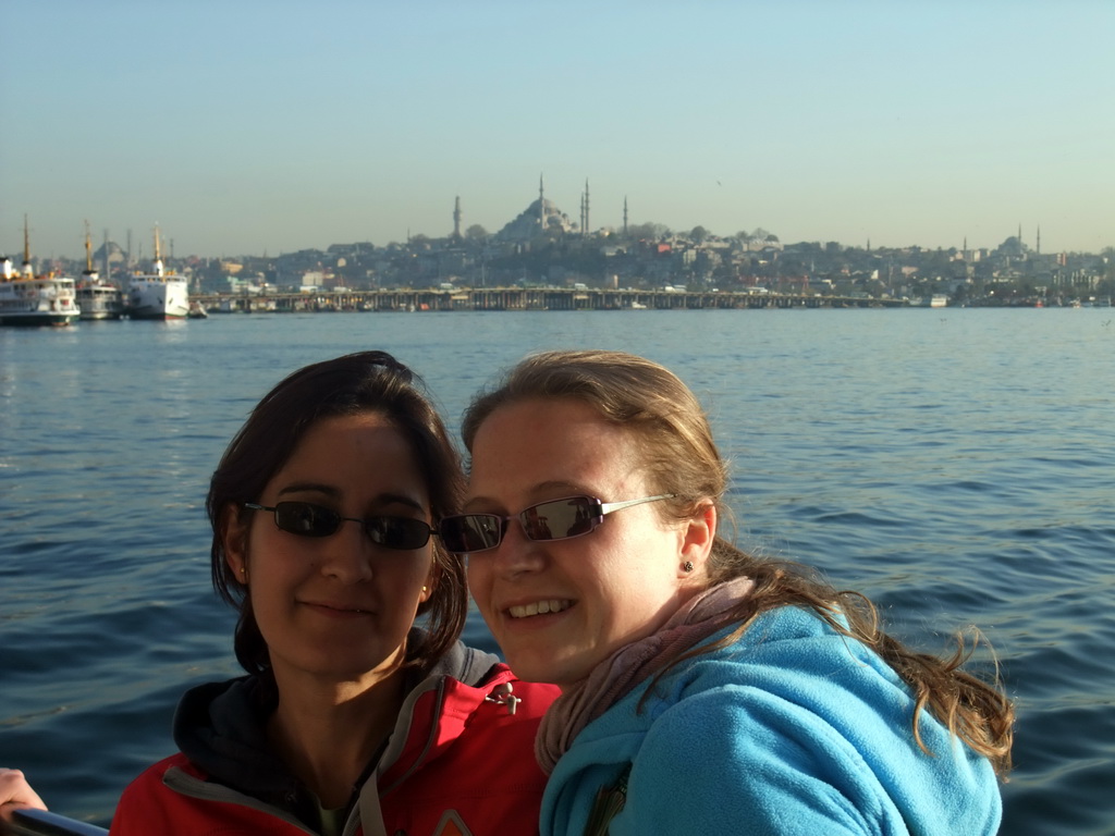 Ana and Nardy on the Golden Horn ferry, with the Ataturk Bridge, the Süleymaniye Mosque and the Fatih Mosque