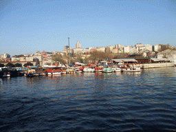The Beyoglu district and boats in the Golden Horn bay, viewed from the Golden Horn ferry
