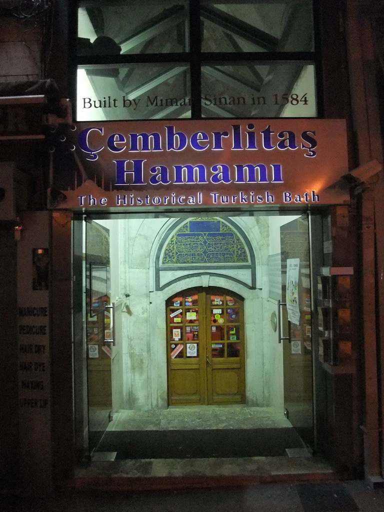 Entrance to the Turkish baths of Cemberlitas Hamami, by night