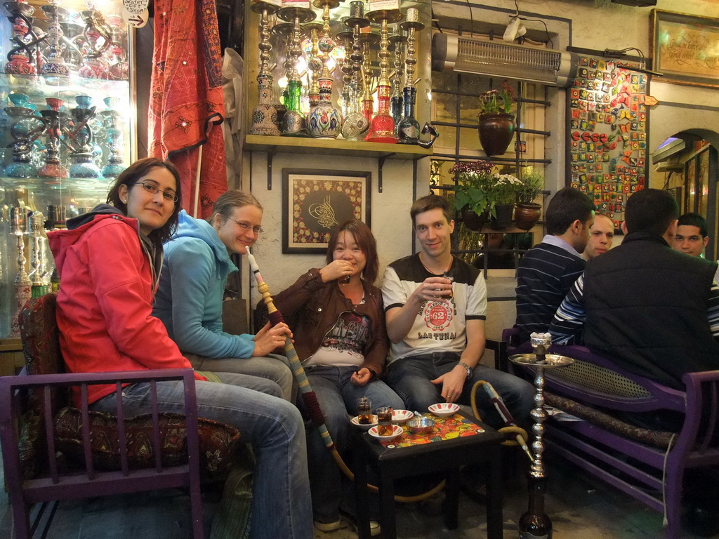 Tim, Miaomiao, Ana and Nardy having waterpipe and tea in the Corlulu Ali Pasa Medresesi medrese