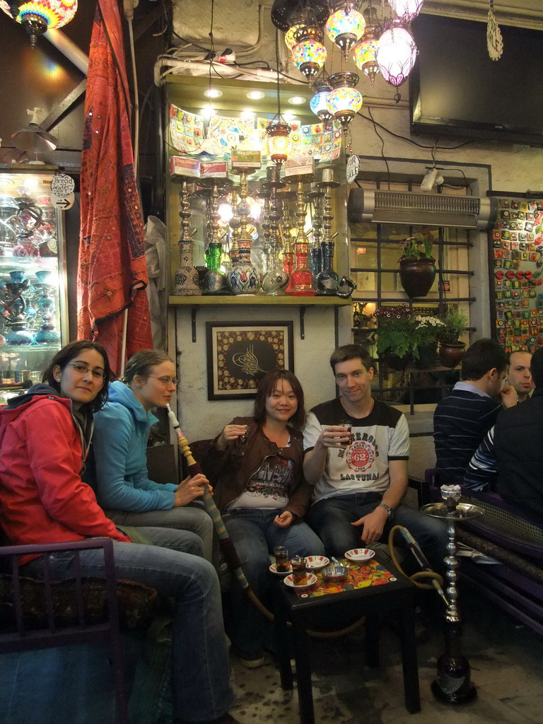 Tim, Miaomiao, Ana and Nardy having waterpipe and tea in the Corlulu Ali Pasa Medresesi medrese