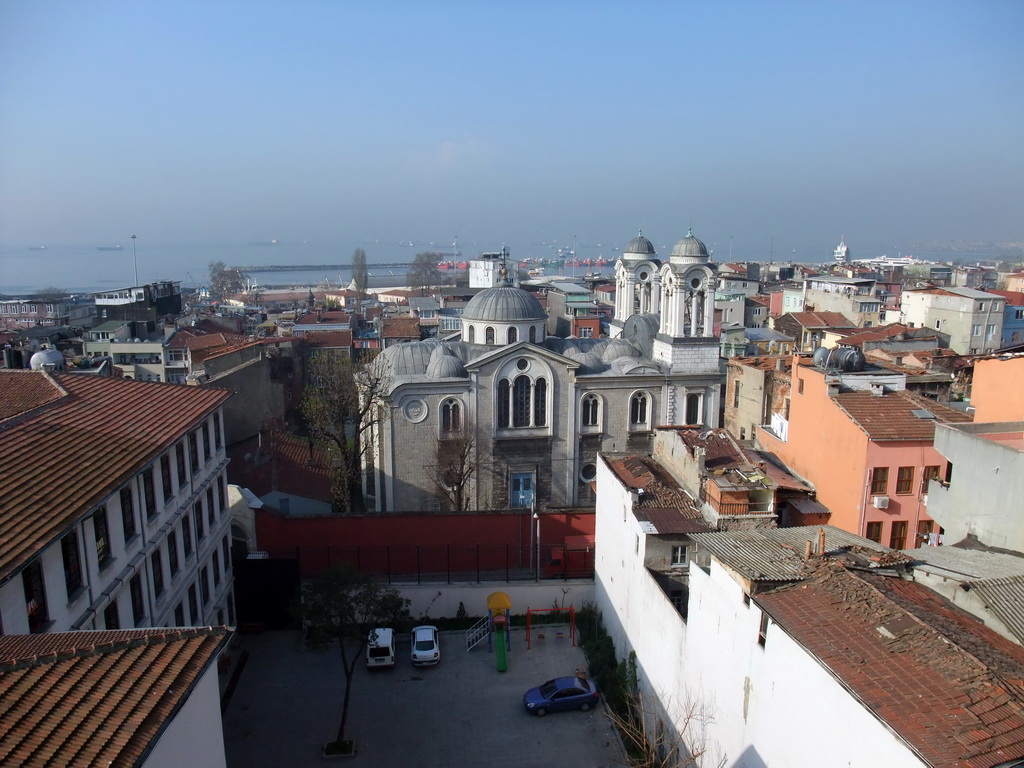 The Hagia Panaya Elida Greek Orthodox Church, the Kumkapi neighborhood and the Sea of Marmara, from the window of the breakfast room in the Grand Liza Hotel