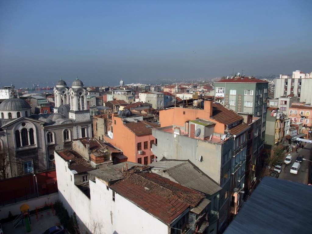 The Hagia Panaya Elida Greek Orthodox Church, the Kumkapi neighborhood and the Sea of Marmara, from the window of the breakfast room in the Grand Liza Hotel