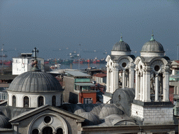 The Hagia Panaya Elida Greek Orthodox Church and boats in the Sea of Marmara, from the window of the breakfast room in the Grand Liza Hotel