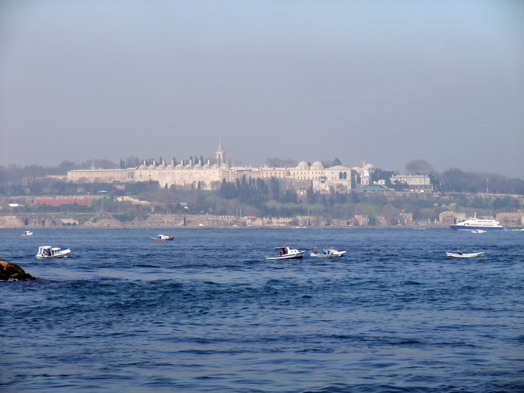 Topkapi Palace and boats in the Bosphorus strait, viewed from the ferry