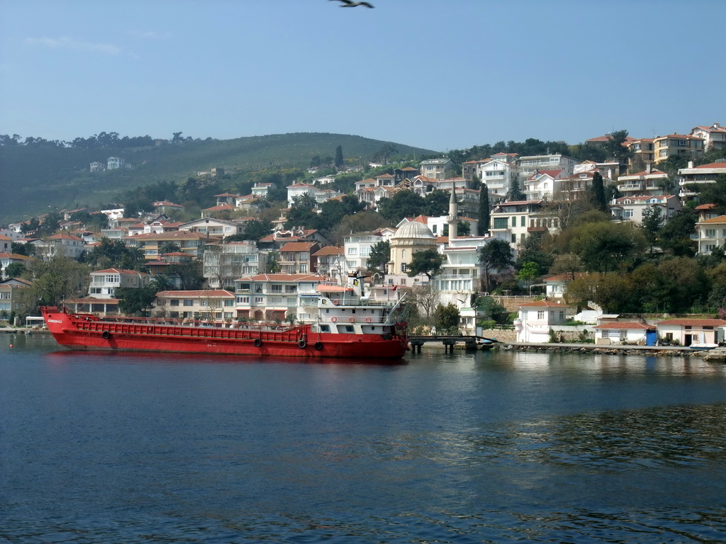 Houses, mosque and boat at Burgazada island, viewed from the ferry
