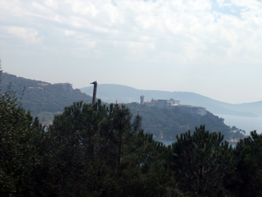 View on building at the southwestern side of Heybeliada island, with Büyükada island on the background