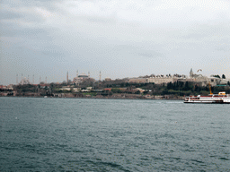 The Blue Mosque, the Hagia Sophia, Topkapi Palace and a boat in the Bosphorus strait, viewed from the ferry