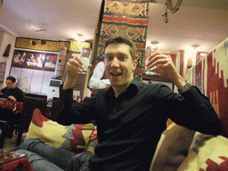 Tim with two glasses of raki in the Han Restaurant