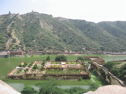The Kesar Kyari Garden, Maotha Lake and a wall leading to the eastern hills, viewed from Amber Fort