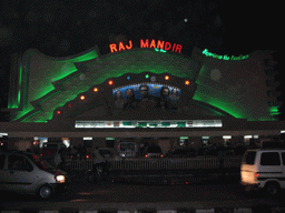 Front of the Raj Mandir Cinema at Bhagwan Das Road, by night