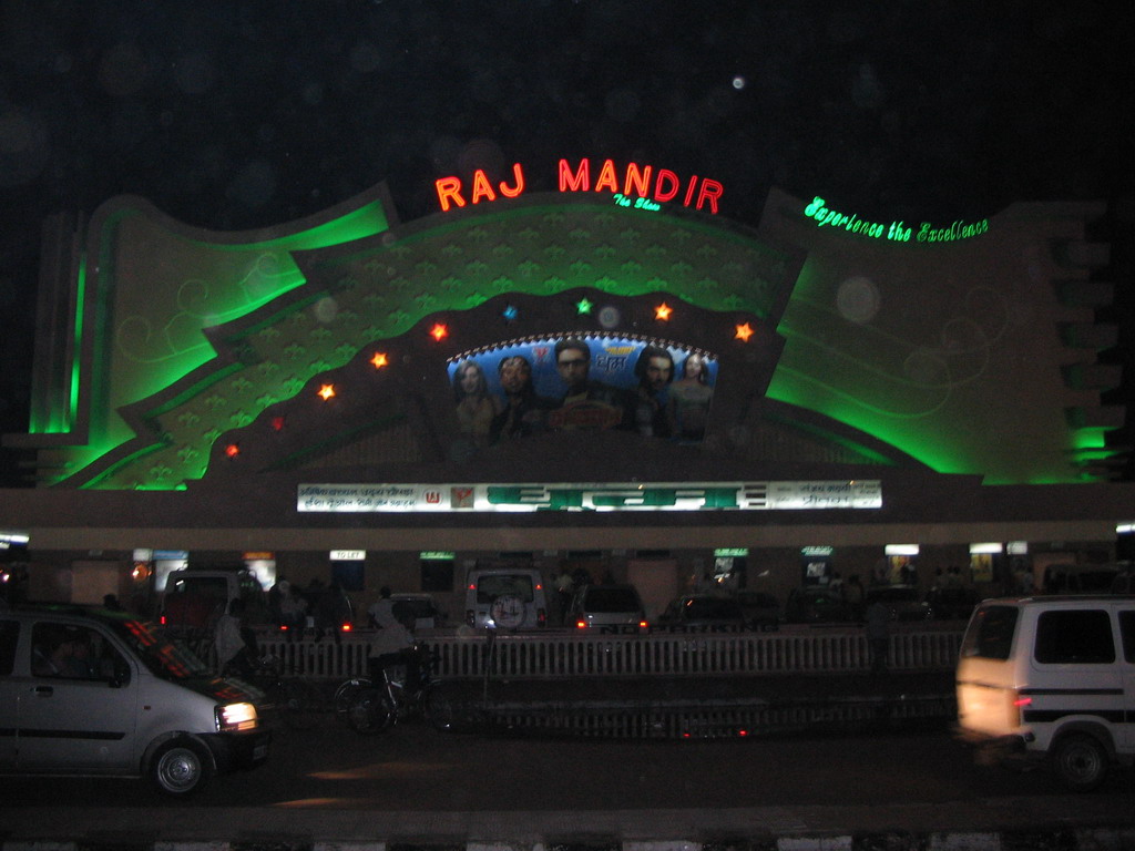 Front of the Raj Mandir Cinema at Bhagwan Das Road, by night