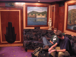 David and Rick in the Diamond Lounge of the Raj Mandir Cinema, with a painting of the Jal Mahal palace at the Man Sagar lake